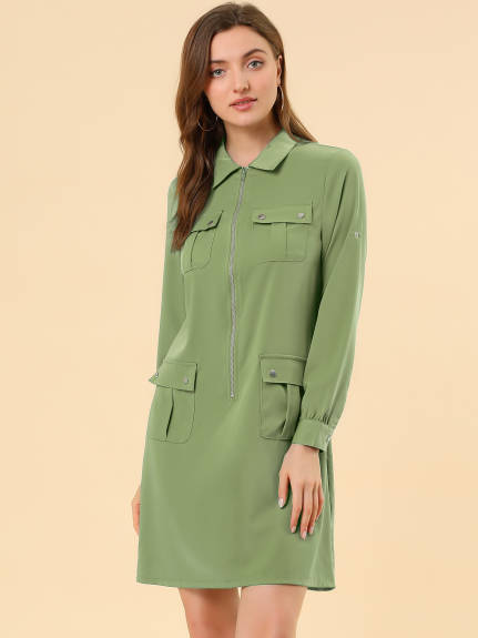 Allegra K- Roll-Up Sleeve Multi-Pocket Belted Shirt Dress