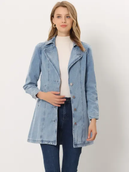 Allegra K- Notched Lapel Button Belted Long Denim Jacket