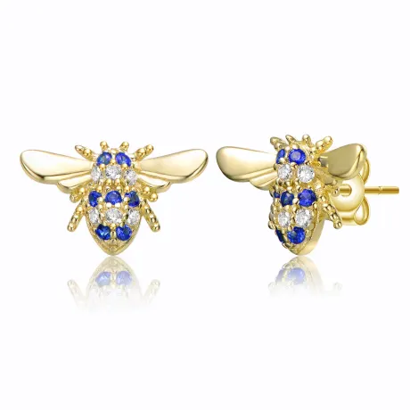 Genevive Sterling Silver 14k Yellow Gold Plated with Emerald or Yellow Cubic Zirconia Pave Wasp Stud Earrings