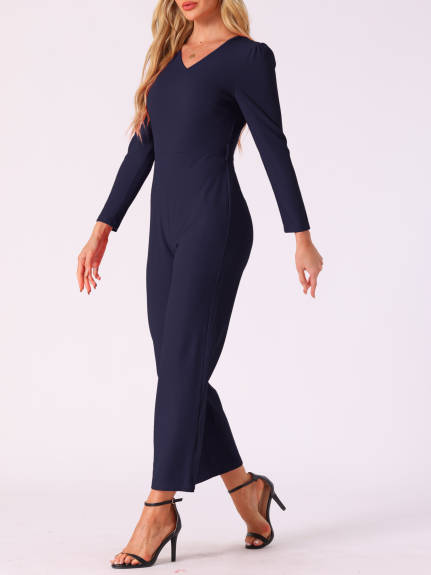 Allegra K - V Neck Long Sleeve Tie Waist Jumpsuit