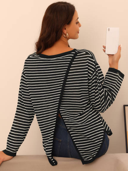 Allegra K- Back Split Striped Knit Pullover Curved Hem Sweater