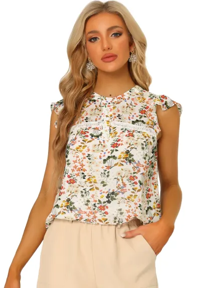 Allegra K - Ruffle Trim Chiffon Floral Blouse