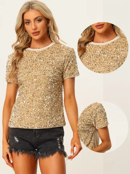 Allegra K- Velvet Crew Neck Short Sleeve Sequin Top