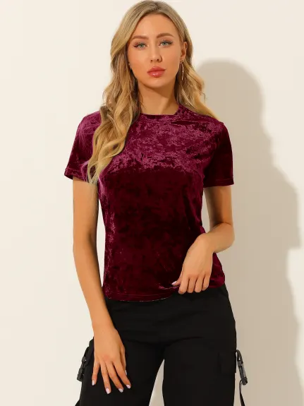 Allegra K- Velvet Top Crew Neck Short Sleeve T-Shirt