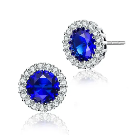 Genevive Sterling Silver with Colored Cubic Zirconia Round Halo Stud Earrings