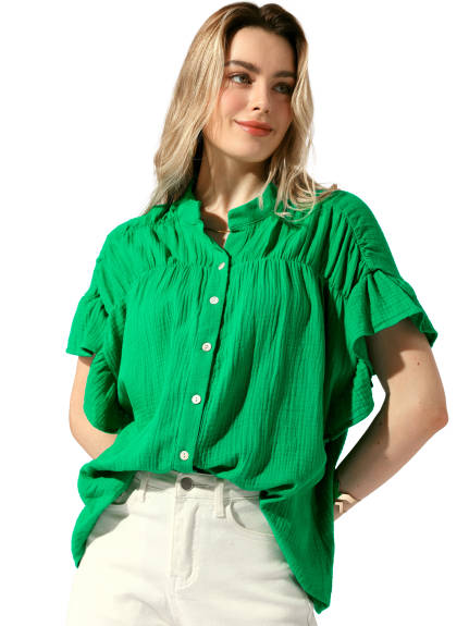 Allegra K - Button Up Textured Ruffle Sleeve Blouse