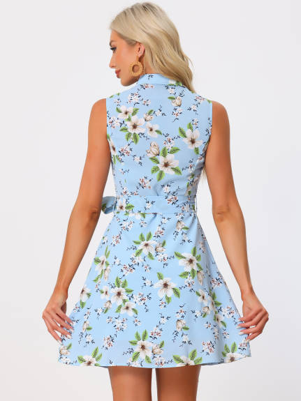 Allegra K - Sleeveless Turndown Collar Above Knee Button Down Floral Print Dress