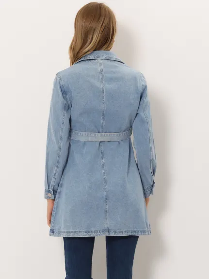 Allegra K- Notched Lapel Button Belted Long Denim Jacket