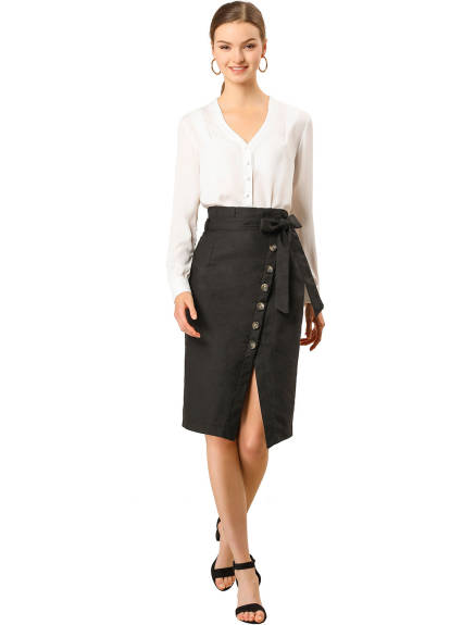 Allegra K - Button Decor Split Belted Pencil Skirt