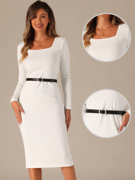 Allegra K - Square Neck Belt Bodycon Long Sleeve Dress