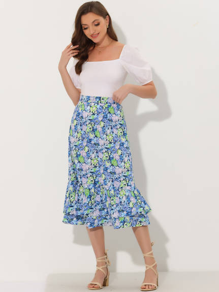 Allegra K- Zipper Printed Chiffon Ruffle Tiered Midi Skirt