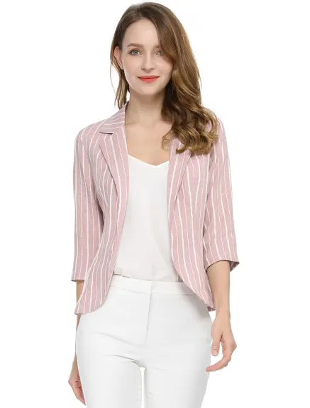 Allegra K- Casual Striped 3/4 Sleeves Open Front Notched Lapel Blazer