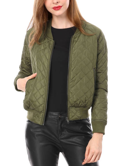 Allegra K- Stand Collar Raglan Sleeve Quilted Bomber Jacket