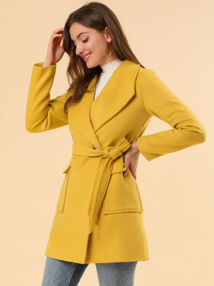 Allegra K- Shawl Collar Lapel Belted Long Trenchcoat