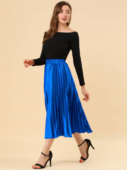 Allegra K - Shiny Midi Accordion Pleated Skirt