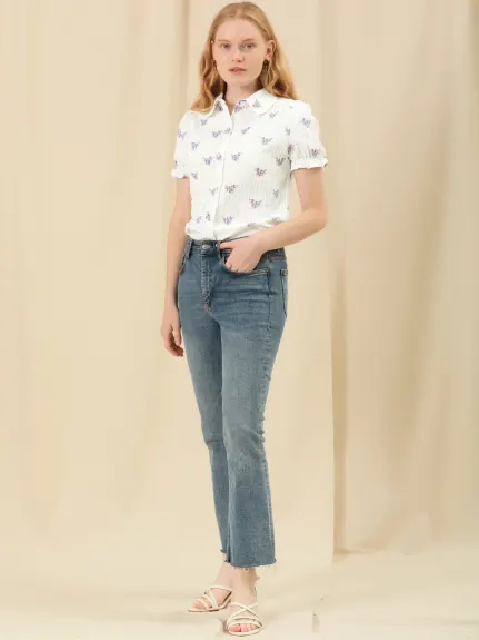 Allegra K - Frilled Short Sleeve Floral Cotton Shirt