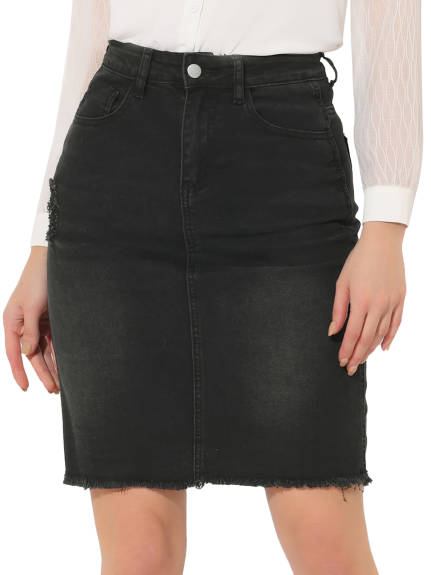 Allegra K- Distressed Ripped Hem Washed Denim Skirt