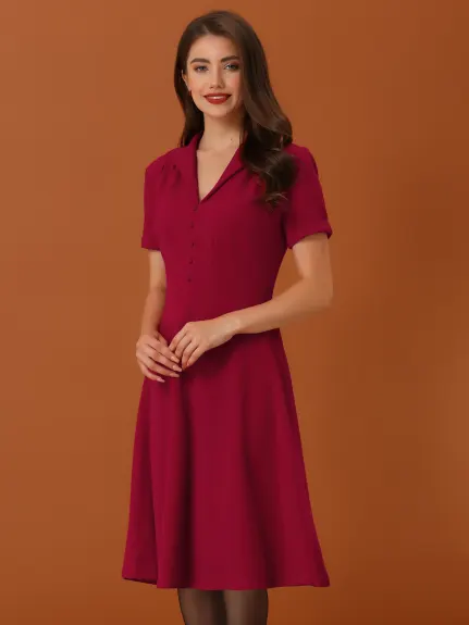 Allegra K- Vintage Flat Collar Short Sleeve Fit and Flare Dress