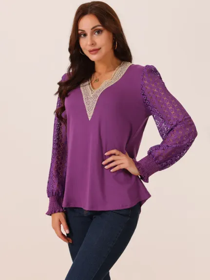 Allegra K - Lace V Neck Hallow Out Sleeve Blouse