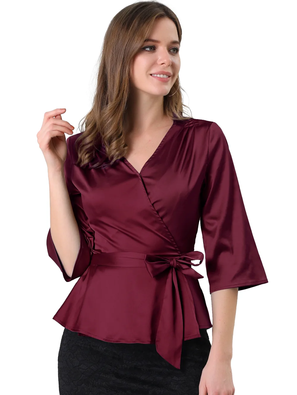 Allegra K- Bow Tie Waist Satin 3/4 Sleeve Wrap Peplum Blouse