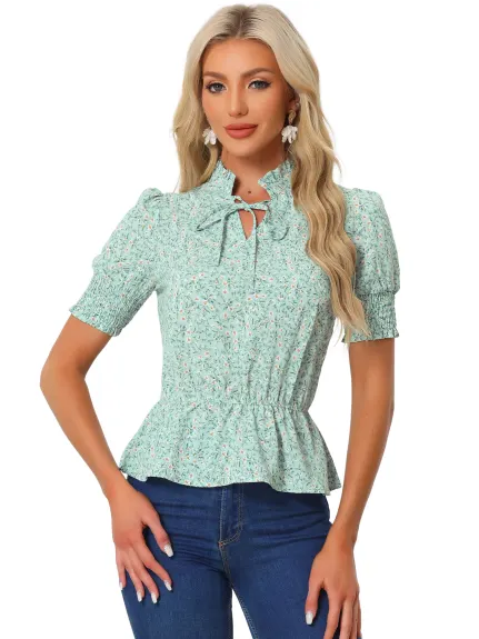 Allegra K - Ruffled Neck Summer Floral Peplum Top