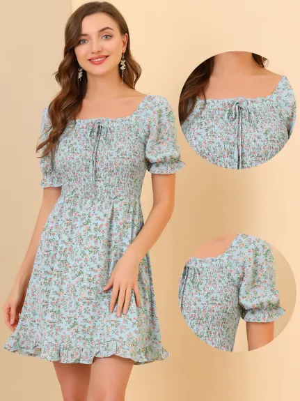 Allegra K- Puff Sleeve Square Neck Ruffled Hem Floral Smocked Dress