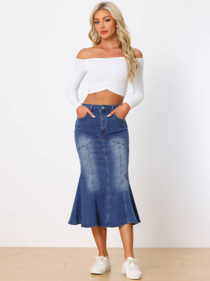 Allegra K- Washed Denim Fishtail Midi Bodycon Skirt