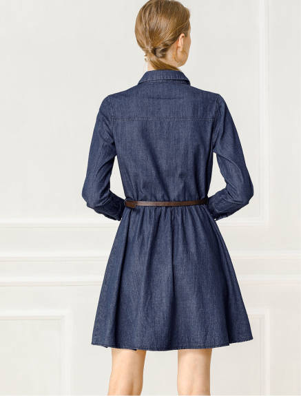 Allegra K- Long Sleeve Above Knee Denim Shirt Dress with Belt