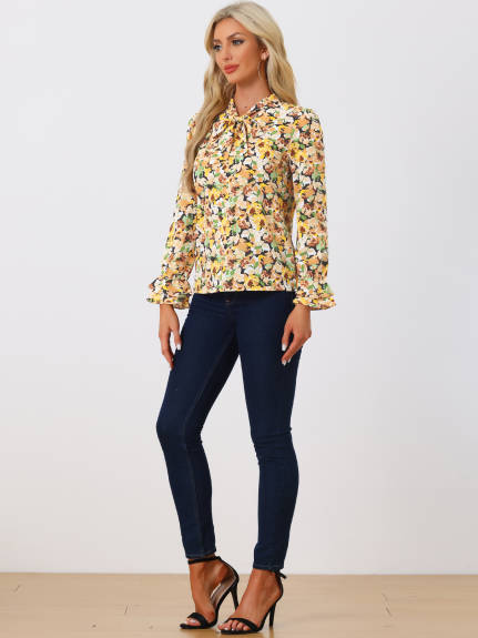 Allegra K- Floral Tie Neck Chiffon Ruffle Blouse