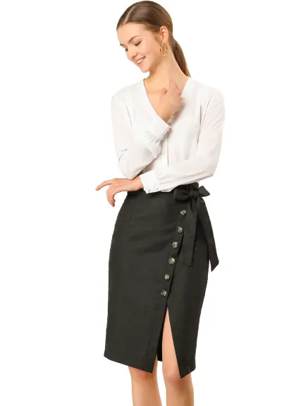 Allegra K - Button Decor Split Belted Pencil Skirt