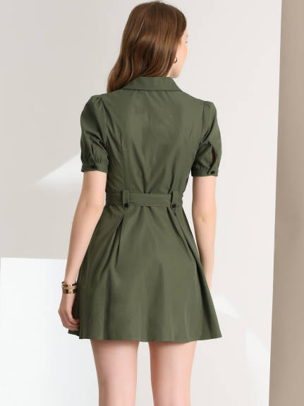 Allegra K- Puff Sleeve Button Down A-line Belted Shirt Dress