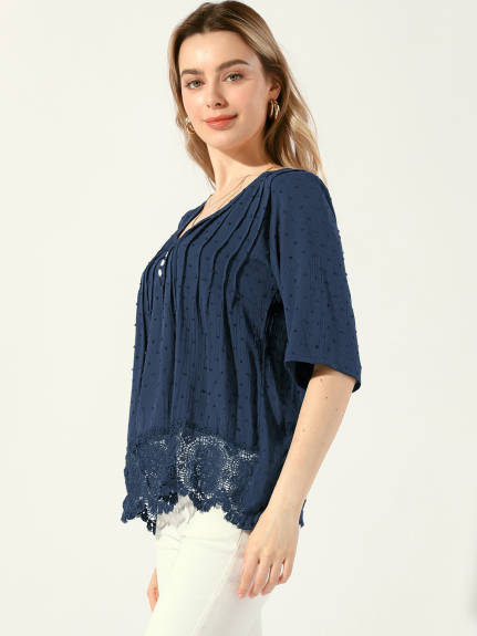 Allegra K - Lace V Neck Summer Lace Hem Top