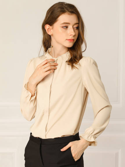 Allegra K- Ruffled Trim Stand Collar Long Sleeve Blouse