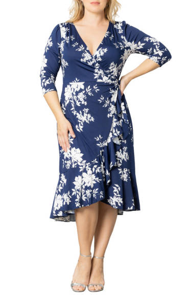 Kiyonna Flirty Flounce Midi Wrap Dress with 3/4 Sleeves (Plus Size)