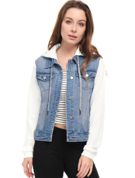 Allegra K- Drawstring Hood Denim Jean Jacket