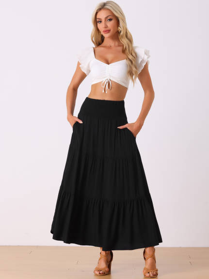 Allegra K- Elastic High Waist Boho Tiered Summer Maxi Skirt