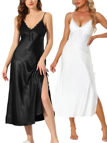 cheibear - V-Neck Satin Cami Nightgown 2-Pack, Black