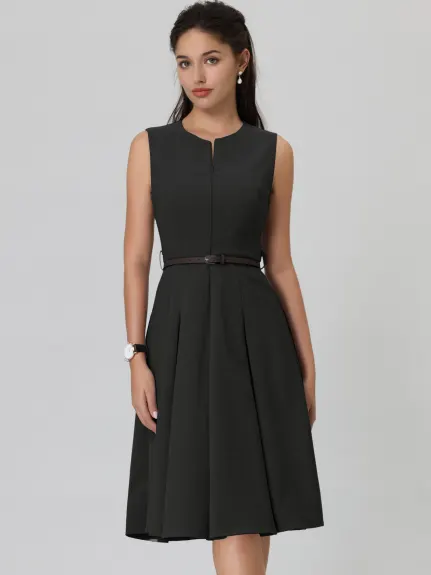 Hobemty- Sleeveless Zip Up Belted Fit and Flare Dress