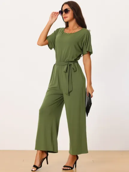 Allegra K - Crewneck Short Sleeve Belted Casual Jumpsuit