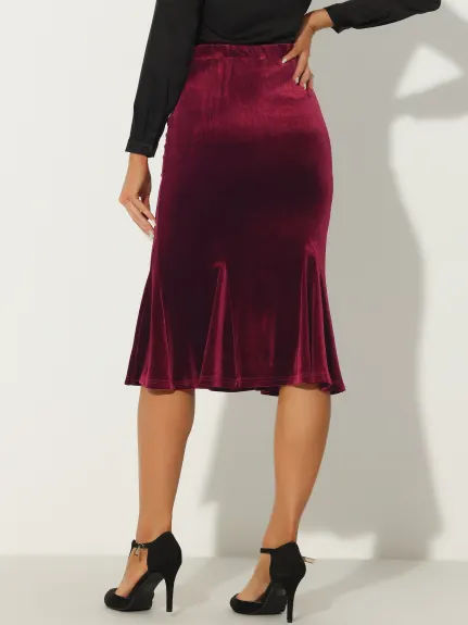 Allegra K- Elastic Waist Velvet Fishtail Bodycon Skirt