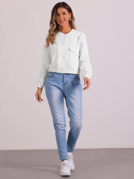 Allegra K - Stand Collar Cropped Bomber Jacket