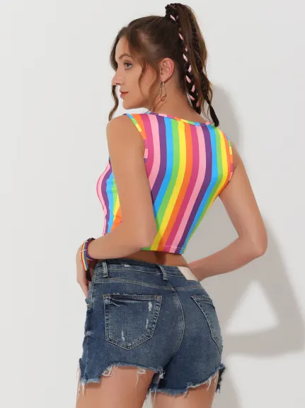 Allegra K- Rainbow Sleeveless Tank Crop Top