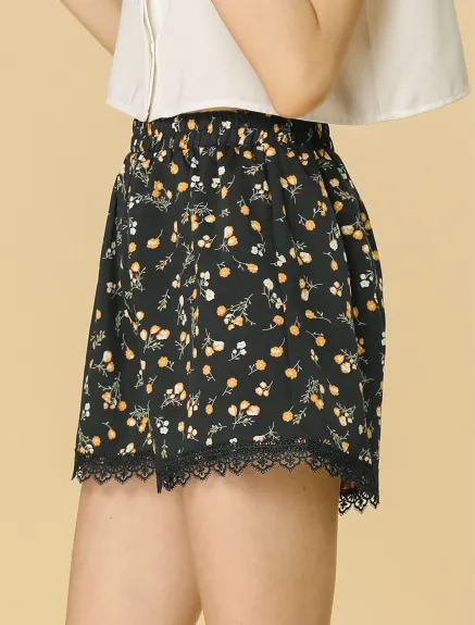 Allegra K - Elastic Waist Lace Trim Summer Floral Shorts