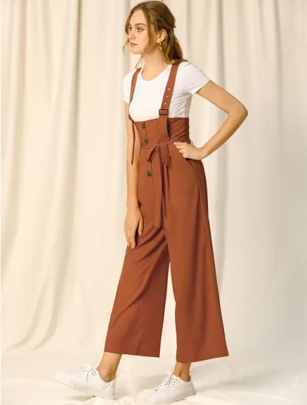 Allegra K- Wide Leg Belted Button Jumpsuit Overall