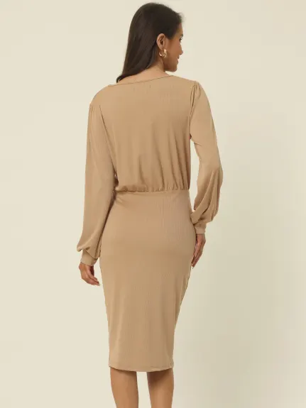 Allegra K- Ruched Side Slit Lantern Sleeve Ribbed Knit Bodycon Midi Dress