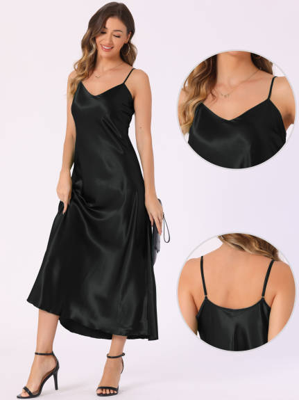 Allegra K - Satin V Neck Spaghetti Strap Maxi Dress