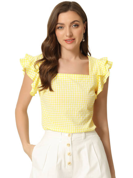 Allegra K - Summer Ruffle Sleeve Gingham Top