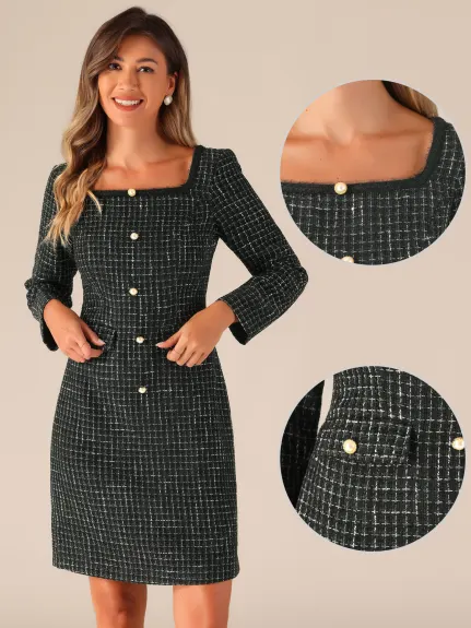 Allegra K - Robe à manches longues à encolure carrée en tweed à carreaux