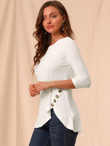 Allegra K- 3/4 Sleeve Tunic Asymmetry Button Top