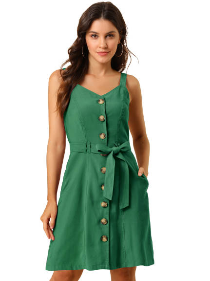 Allegra K- Belted Spaghetti Strap Button Dress